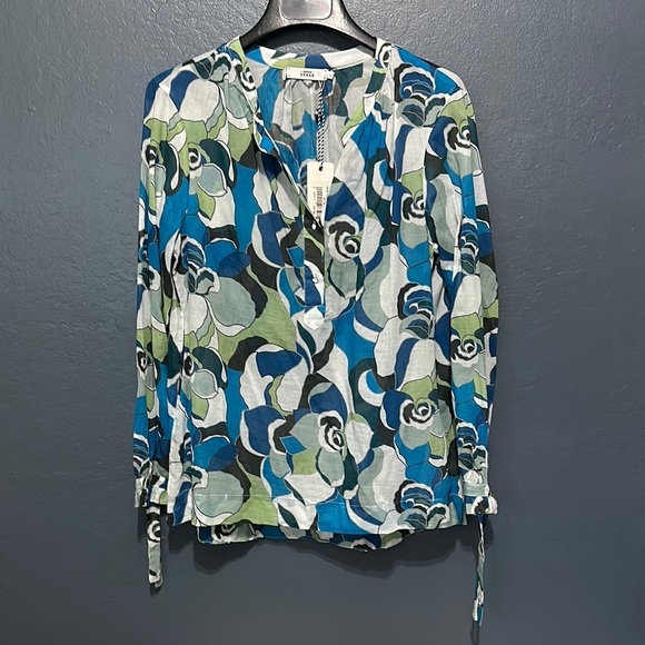 0039 Italy Tops - Blue and White Wrap Blouse with Tie Front and Mandarin Collar